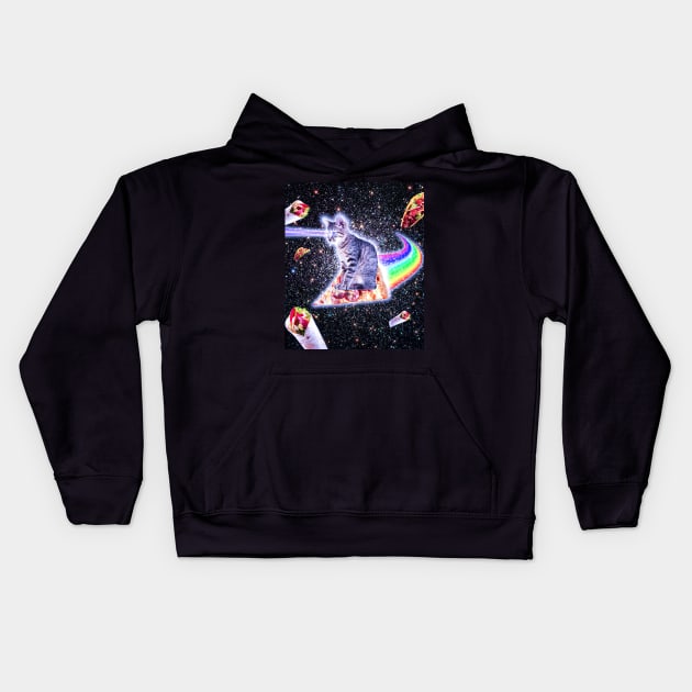 Laser Eyes Space Cat Riding Rainbow Pizza Kids Hoodie by Random Galaxy